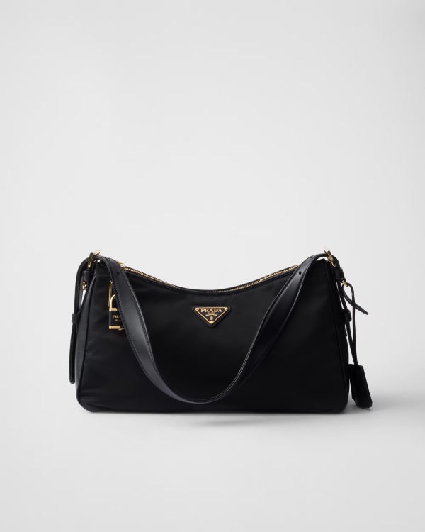 Prada Aimée 1BC232 Large Recycled Nylon and Leather Shoulder Bag with Padlock