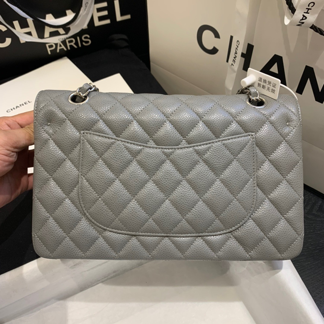 CHANEL Classic Handbag in Grained Litchi Pattern Calfskin & Silver-Tone Metal, Gray 6 × 9.9 × 2.5 inches - Image 5