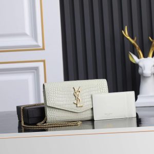 UPTOWN CHAIN WALLET IN CROCODILE-EMBOSSED SHINY LEATHER 7.5 X 4.7 X 1.2 INCHES