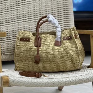 YSL SAC DE JOUR MEDIUM SUPPLE IN RAFFIA AND VEGETABLE-TANNED LEATHER NATUREL AND BRICK