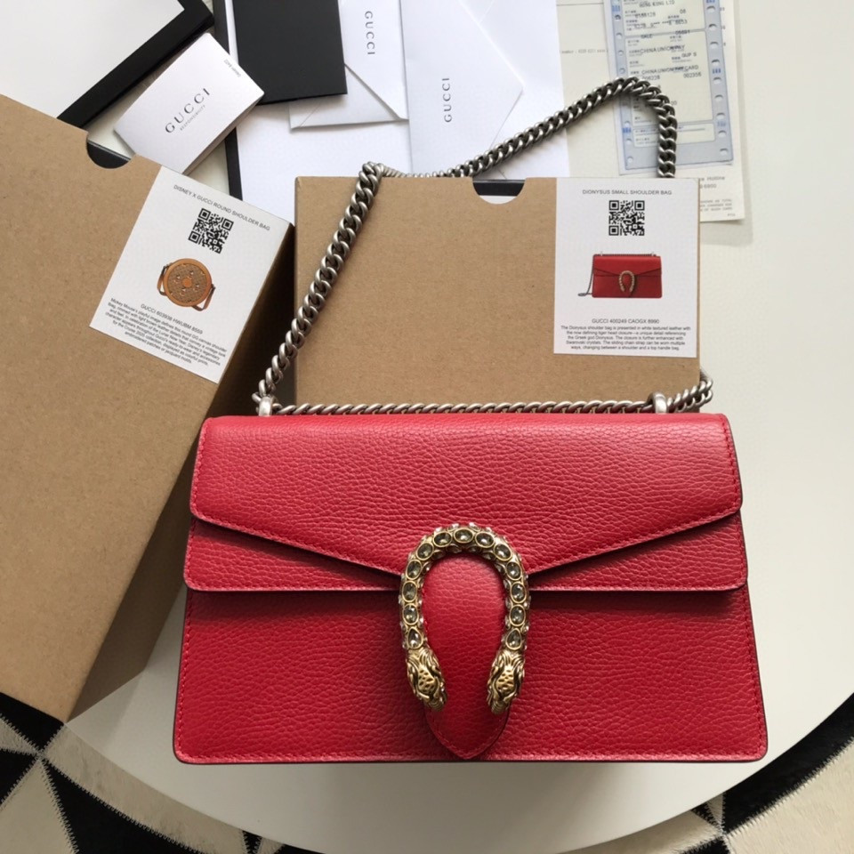 GUCCI DIONYSUS LEATHER SMALL RECTANGULAR BAG RED 28x17x9cm