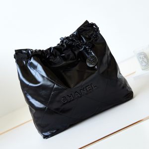 CHANEL 22 SMALL HANDBAG Shiny Calfskin ALL BLACK 13.7x14.4x2.7 in