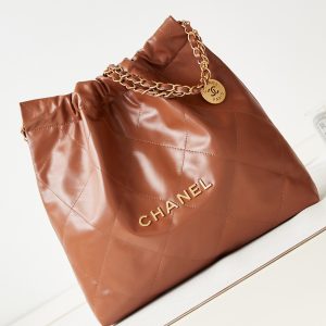 CHANEL 22 SMALL HANDBAG Shiny Calfskin BROWN 13.7x14.4x2.7 in