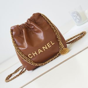 CHANEL 22 MINI HANDBAG Shiny Calfskin Brown 7.8 x 7.4 x 2.3 in