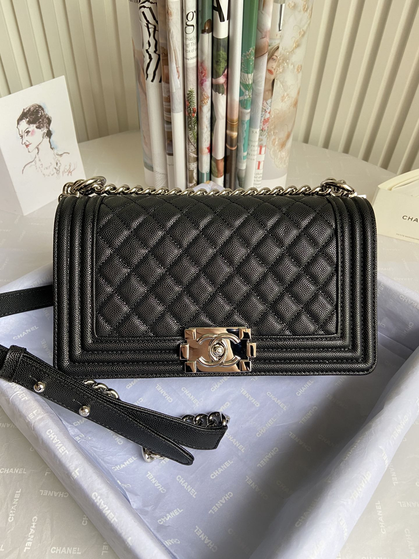 BOY CHANEL HANDBAG Shiny Grained Calfskin & Silver-Tone Metal Black 5.9 × 9.8 × 3.5 in
