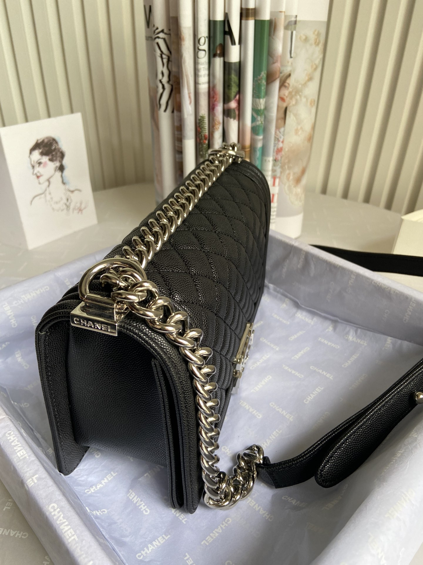 BOY CHANEL HANDBAG Shiny Grained Calfskin & Silver-Tone Metal Black 5.9 × 9.8 × 3.5 in - Image 5