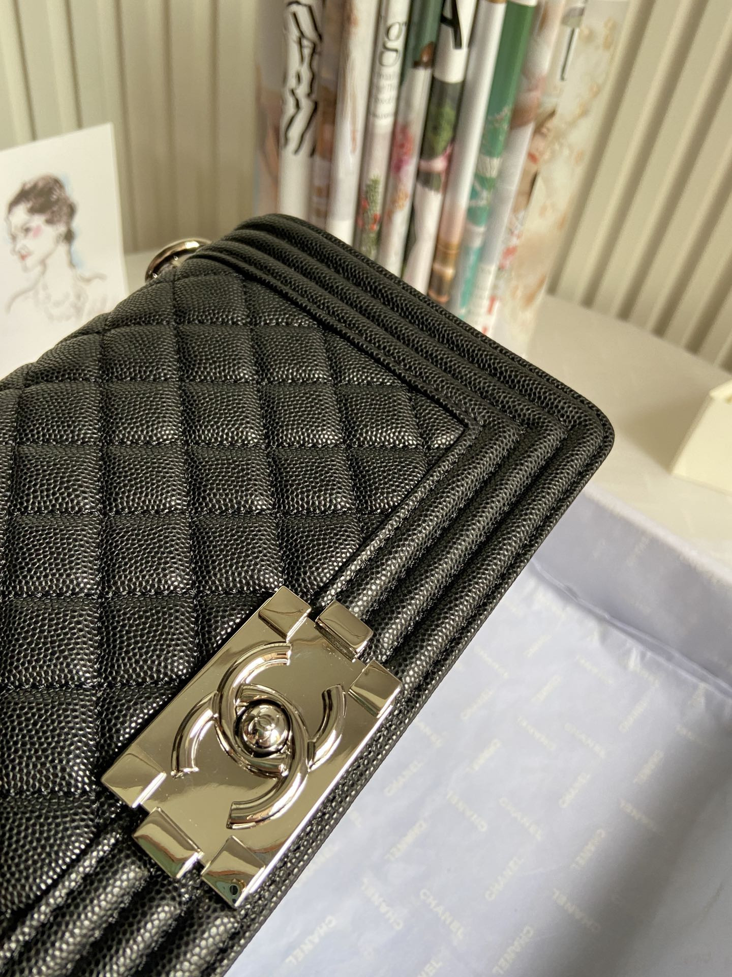 BOY CHANEL HANDBAG Shiny Grained Calfskin & Silver-Tone Metal Black 5.9 × 9.8 × 3.5 in - Image 6