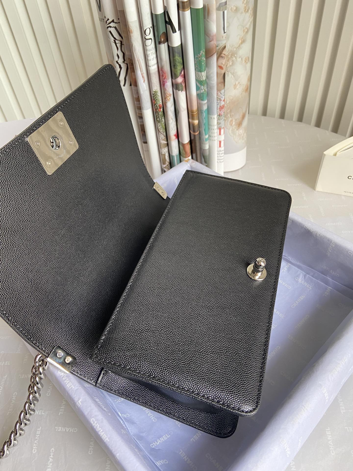 BOY CHANEL HANDBAG Shiny Grained Calfskin & Silver-Tone Metal Black 5.9 × 9.8 × 3.5 in - Image 8