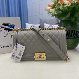 BOY CHANEL HANDBAG Shiny Grained Calfskin & Gold-Tone Metal Gray 5.9 × 9.8 × 3.5 in