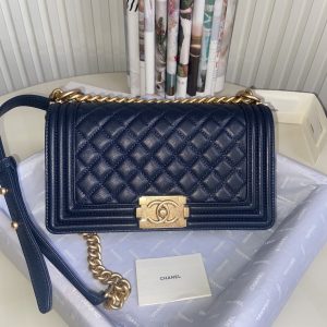 Alternative view of BOY CHANEL HANDBAG Shiny Grained Calfskin & Gold-Tone Metal Navy 5.9 × 9.8 × 3.5 in