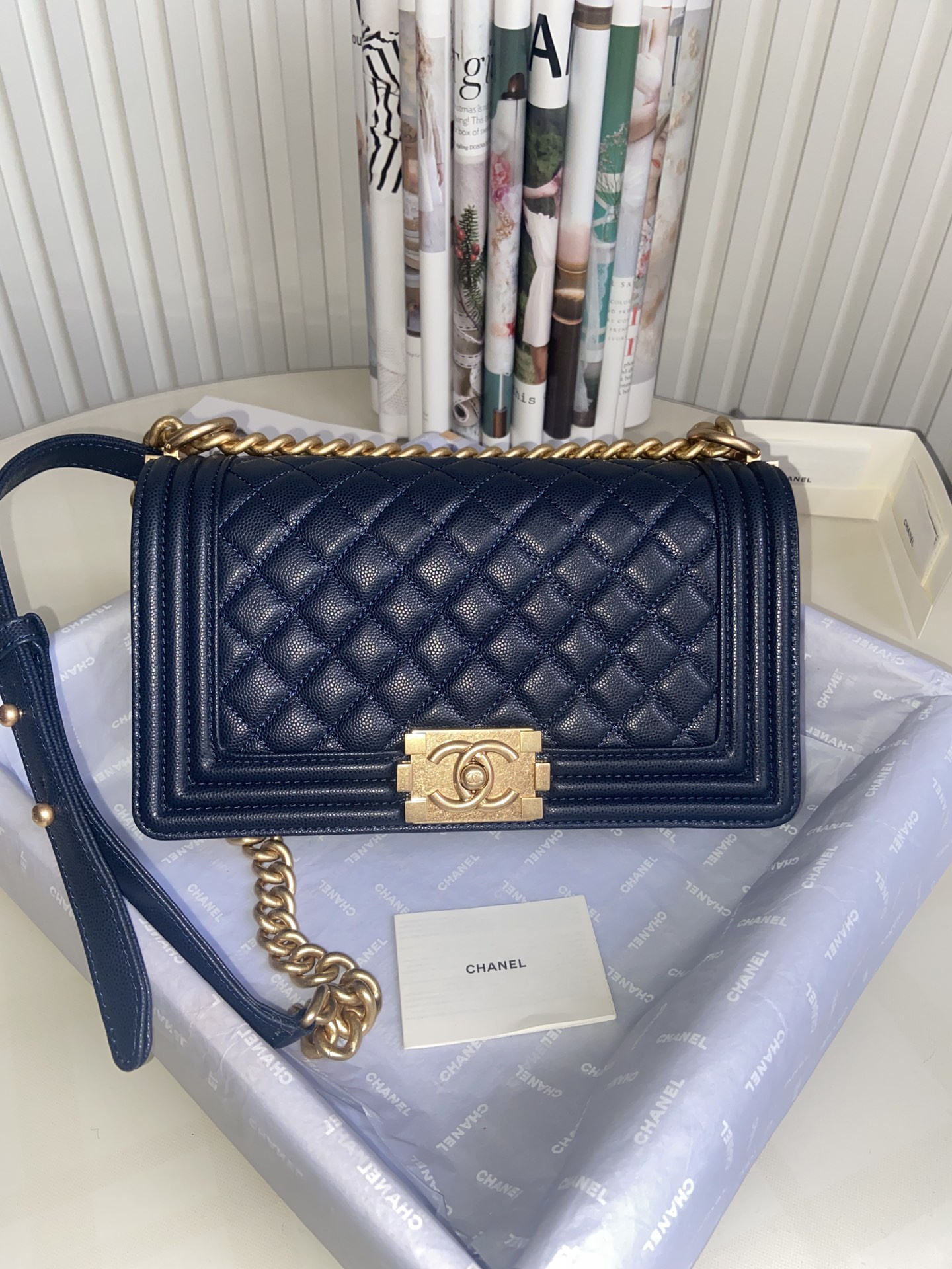 BOY CHANEL HANDBAG Shiny Grained Calfskin & Gold-Tone Metal Navy 5.9 × 9.8 × 3.5 in