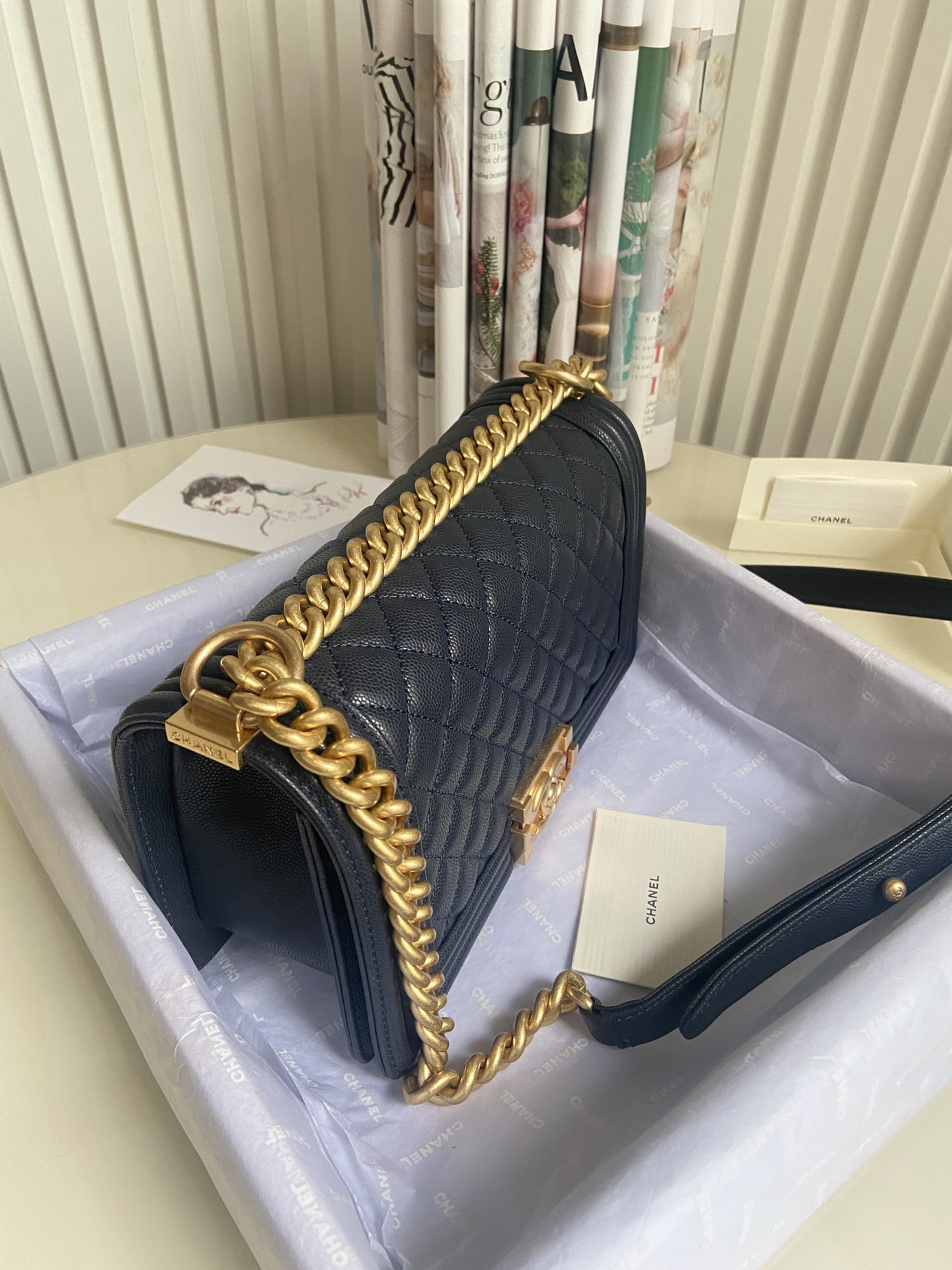 BOY CHANEL HANDBAG Shiny Grained Calfskin & Gold-Tone Metal Navy 5.9 × 9.8 × 3.5 in - Image 4