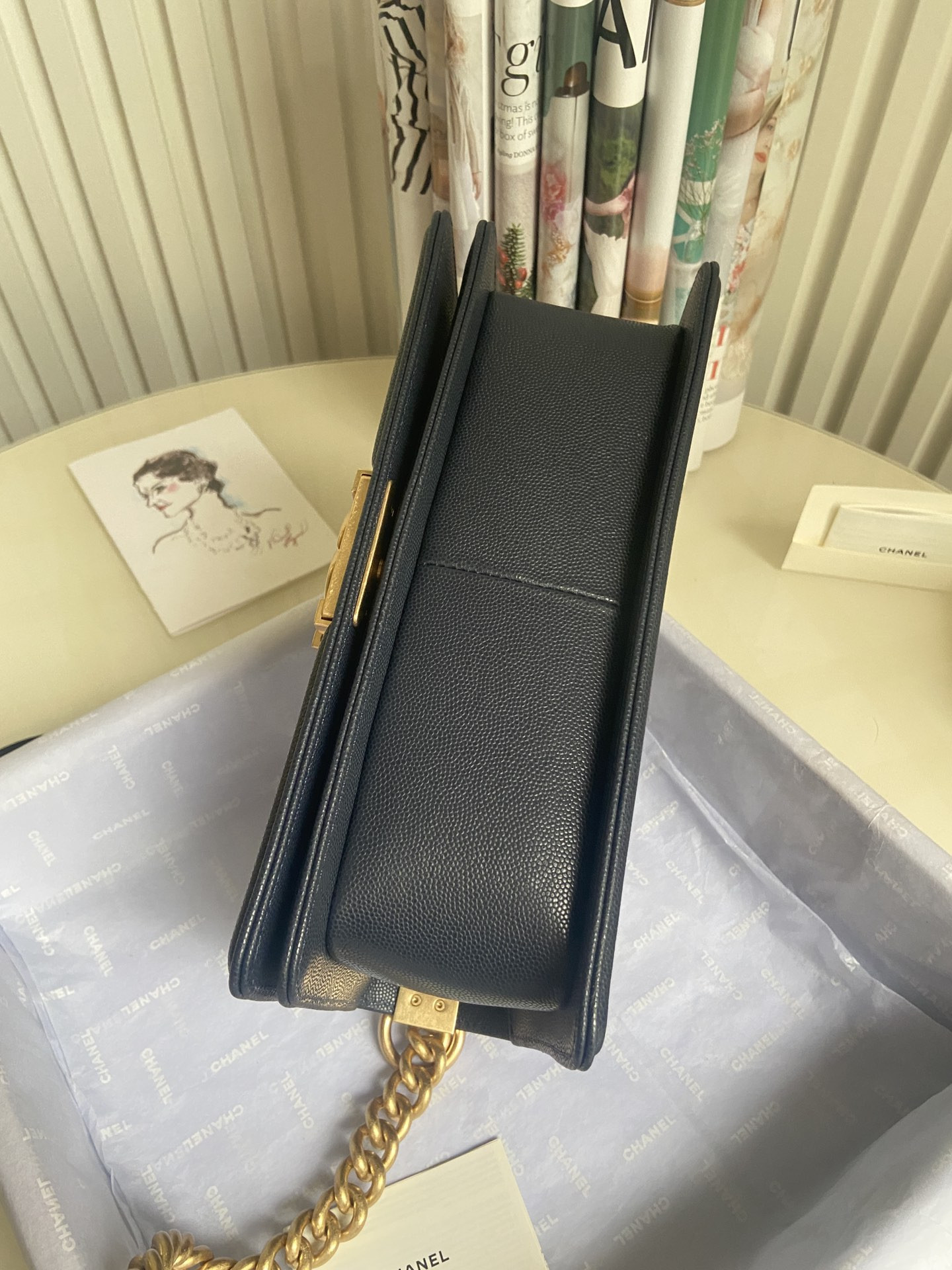 BOY CHANEL HANDBAG Shiny Grained Calfskin & Gold-Tone Metal Navy 5.9 × 9.8 × 3.5 in - Image 7