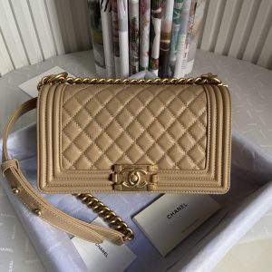 BOY CHANEL HANDBAG Shiny Grained Calfskin Brown 5.9 × 9.8 × 3.5 in