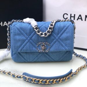 CHANEL 19 HANDBAG, Gold-Tone, Silver-Tone & Ruthenium-Finish Metal Blue 6.2 x 10.1 x 3.5 in
