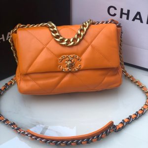 CHANEL 19 HANDBAG Shiny Leather, Gold-Tone, Silver-Tone & Ruthenium-Finish Metal Orange 6.2 x 10.1 x 3.5 in