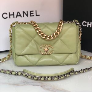 CHANEL 19 HANDBAG Shiny Leather, Gold-Tone, Silver-Tone & Ruthenium-Finish Metal Light Green 6.2 x 10.1 x 3.5 in