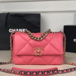 Alternative view of CHANEL 19 HANDBAG Shiny Leather, Gold-Tone, Silver-Tone & Ruthenium-Finish Metal Pink 6.2 x 10.1 x 3.5 in