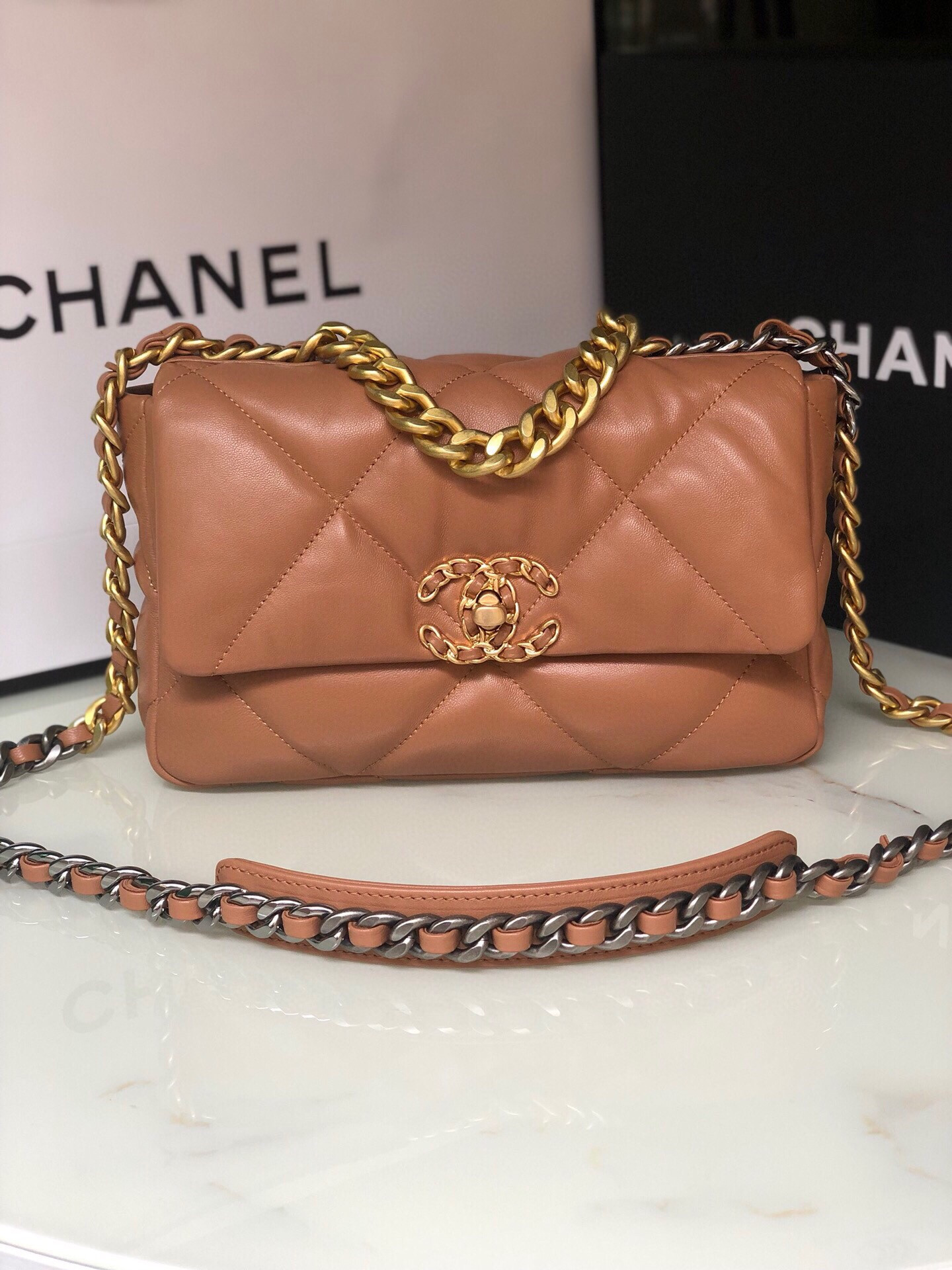 CHANEL 19 HANDBAG Shiny Leather, Gold-Tone, Silver-Tone & Ruthenium-Finish Metal Caramel 6.2 x 10.1 x 3.5 in