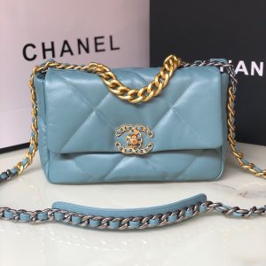 Alternative view of CHANEL 19 HANDBAG Shiny Leather, Gold-Tone, Silver-Tone & Ruthenium-Finish Metal Blue 6.2 x 10.1 x 3.5 in