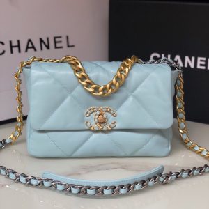 Alternative view of CHANEL 19 HANDBAG Shiny Leather, Gold-Tone, Silver-Tone & Ruthenium-Finish Metal Light Blue 6.2 x 10.1 x 3.5 in