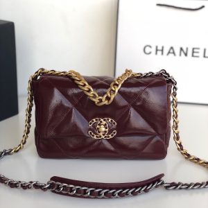 CHANEL 19 HANDBAG Shiny Leather, Gold-Tone, Silver-Tone & Ruthenium-Finish Metal Dark Red 6.2 x 10.1 x 3.5 in