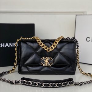 Alternative view of CHANEL 19 HANDBAG Shiny Leather, Gold-Tone, Silver-Tone & Ruthenium-Finish Metal Black 6.2 x 10.1 x 3.5 in