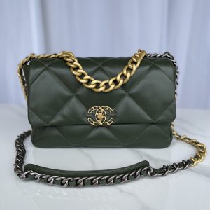 Alternative view of CHANEL 19 LARGE HANDBAG Shiny Leather, Gold-Tone, Silver-Tone & Ruthenium-Finish Metal Dark Green 7.8 x 11.7 x 3.9 in