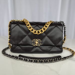 CHANEL 19 LARGE HANDBAG Shiny Leather, Gold-Tone, Silver-Tone & Ruthenium-Finish Metal Black 7.8 x 11.7 x 3.9 in