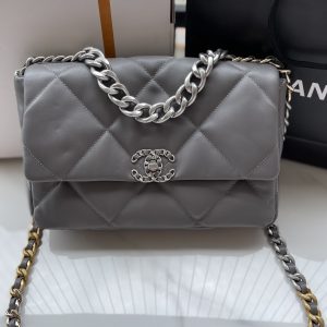 CHANEL 19 LARGE HANDBAG Shiny Leather, Gold-Tone, Silver-Tone & Ruthenium-Finish Metal Gray 7.8 x 11.7 x 3.9 in