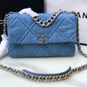 CHANEL 19 LARGE HANDBAG, Gold-Tone, Silver-Tone & Ruthenium-Finish Metal Blue 7.8 x 11.7 x 3.9 in