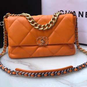 CHANEL 19 LARGE HANDBAG Shiny Leather, Gold-Tone, Silver-Tone & Ruthenium-Finish Metal Orange 7.8 x 11.7 x 3.9 in