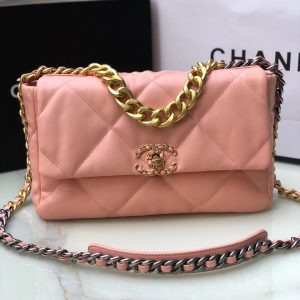 CHANEL 19 LARGE HANDBAG Shiny Leather, Gold-Tone, Silver-Tone & Ruthenium-Finish Metal Light Pink 7.8 x 11.7 x 3.9 in