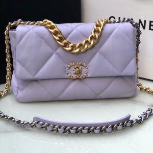 CHANEL 19 LARGE HANDBAG Shiny Leather, Gold-Tone, Silver-Tone & Ruthenium-Finish Metal Purple 7.8 x 11.7 x 3.9 in