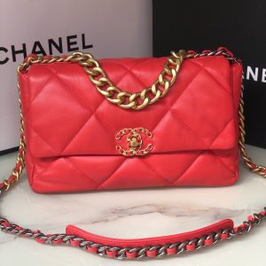 CHANEL 19 LARGE HANDBAG Shiny Leather Red, Gold-Tone, Silver-Tone & Ruthenium-Finish Metal 7.8 x 11.7 x 3.9 in