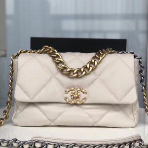 CHANEL 19 LARGE HANDBAG Shiny Leather, Gold-Tone, Silver-Tone & Ruthenium-Finish Metal Beige 7.8 x 11.7 x 3.9 in