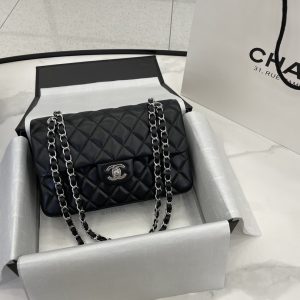 Alternative view of CHANEL SMALL CLASSIC HANDBAG Grained Shiny Calfskin & Silver-Tone Metal Black 5.7 × 9 × 2.3 in