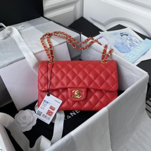 CHANEL SMALL CLASSIC HANDBAG LAMBSKIN & Gold-TONE METAL Red 5.7 × 9 × 2.3 IN