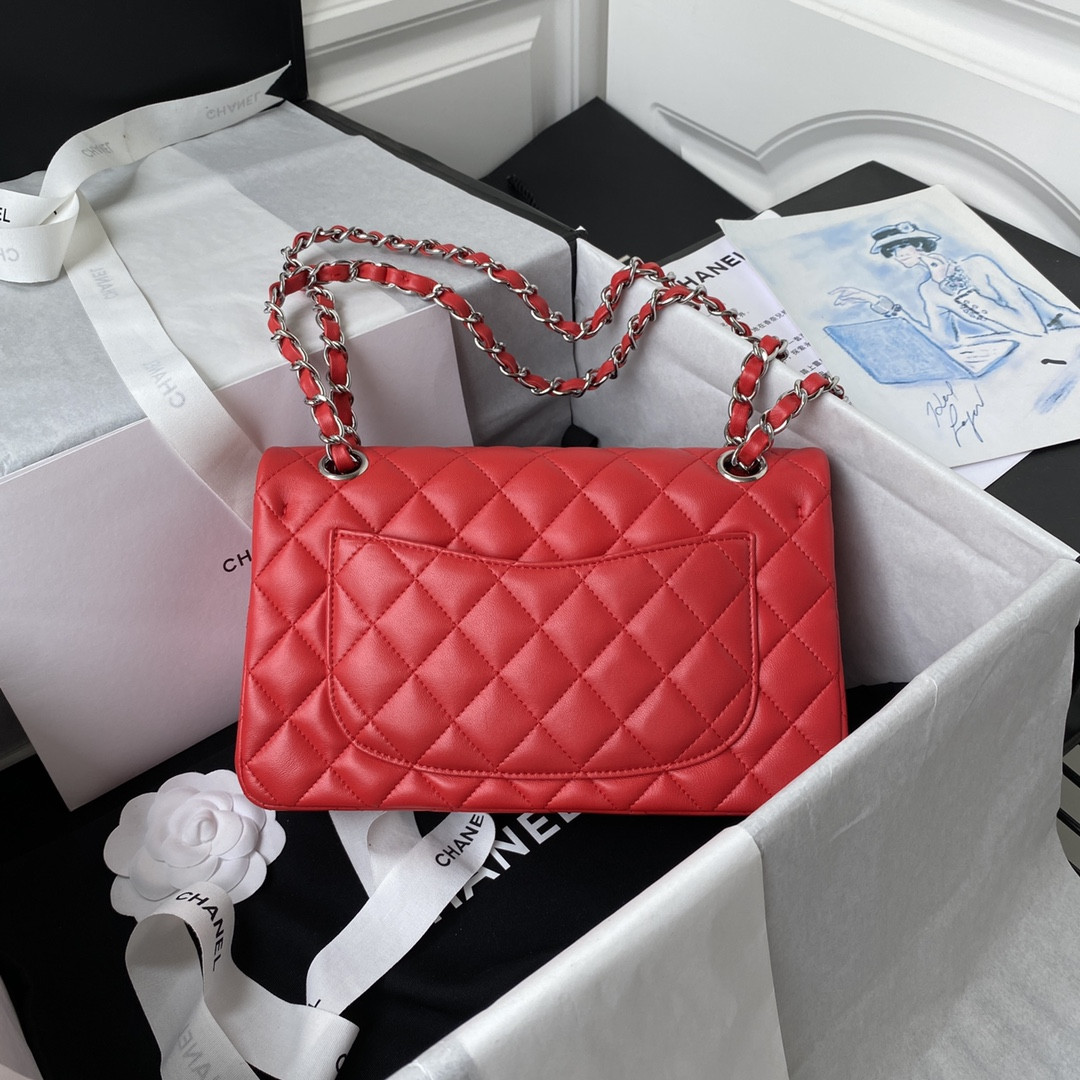 CHANEL SMALL CLASSIC HANDBAG LAMBSKIN & SILVER-TONE METAL Red 5.7 × 9 × 2.3 IN - Image 3