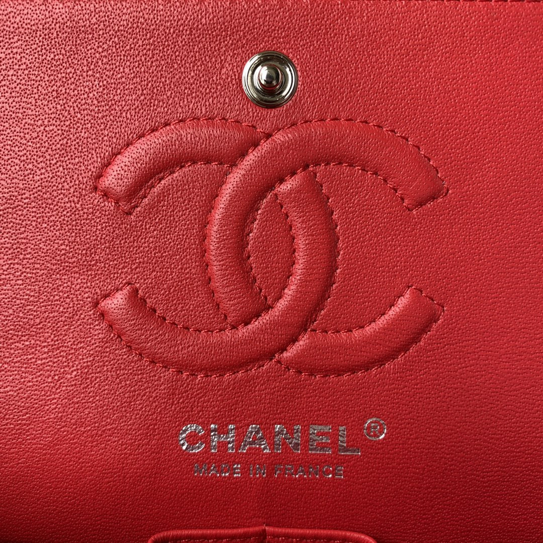 CHANEL SMALL CLASSIC HANDBAG LAMBSKIN & SILVER-TONE METAL Red 5.7 × 9 × 2.3 IN - Image 9