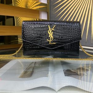 YSL UPTOWN CHAIN WALLET IN CROCODILE-EMBOSSED SHINY LEATHER 7.5 X 4.7 X 1.2 INCHES