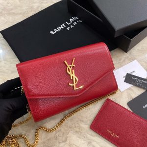 Alternative view of YSL UPTOWN CHAIN WALLET IN GRAIN DE POUDRE EMBOSSED LEATHER RED 7.5 X 4.7 X 1.2 INCHES