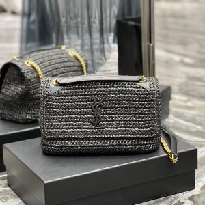 Alternative view of YSL NIKI MEDIUM CHAIN BAG IN RAFFIA AND LEATHER BLACK 11 X 7.8 X 3.3 INCHES