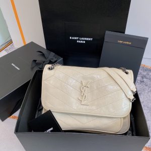 YSL NIKI MEDIUM IN VINTAGE LEATHER WHITE 11 X 7.8 X 3.3 INCHES