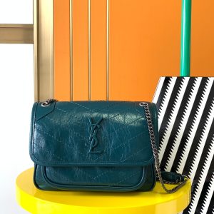 YSL NIKI BABY IN VINTAGE LEATHER BLUE 8.2 X 6 X 2.9 INCHES