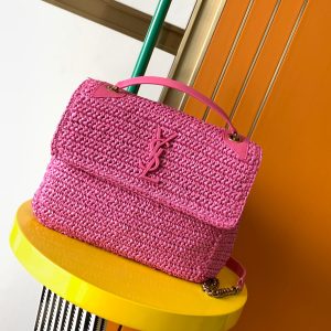 YSL NIKI MEDIUM CHAIN BAG IN RAFFIA AND LEATHER 11 X 7.8 X 3.3 INCHES