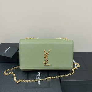 YSL KATE MEDIUM IN GRAIN DE POUDRE EMBOSSED LEATHER GREEN 9.4 X 5.7 X 2.1 INCHES