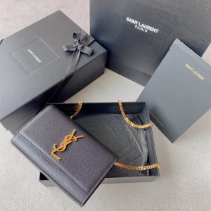 YSL KATE SMALL IN GRAIN DE POUDRE EMBOSSED LEATHER NAVY GOLD 7.8 X 4.9 X 1.9 INCHES