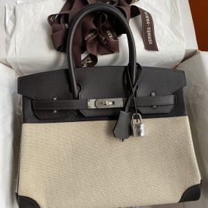 Herm¨¨s Birkin 30 Ebone Swift and Beige Canvas Palladium Hardware