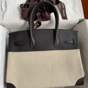 Alternative view of Herm¨¨s Birkin 30 Ebone Swift and Beige Canvas Palladium Hardware